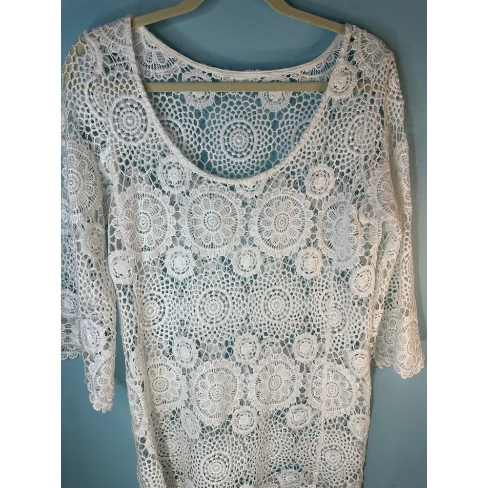 white crochet lace dress boho swim cover-up/mini dress 3/4 sleeves Size M/L